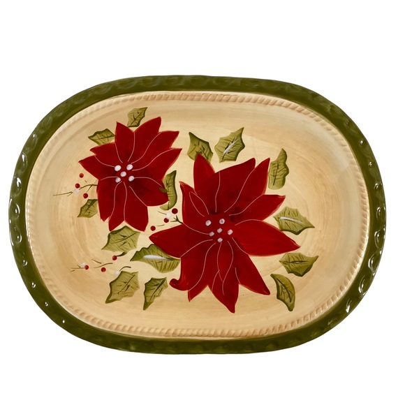 AMBIANCE COLLECTION Poinsettia Platter Tray 11” x 15” Oval ~ Holiday Serveware - Picture 1 of 7